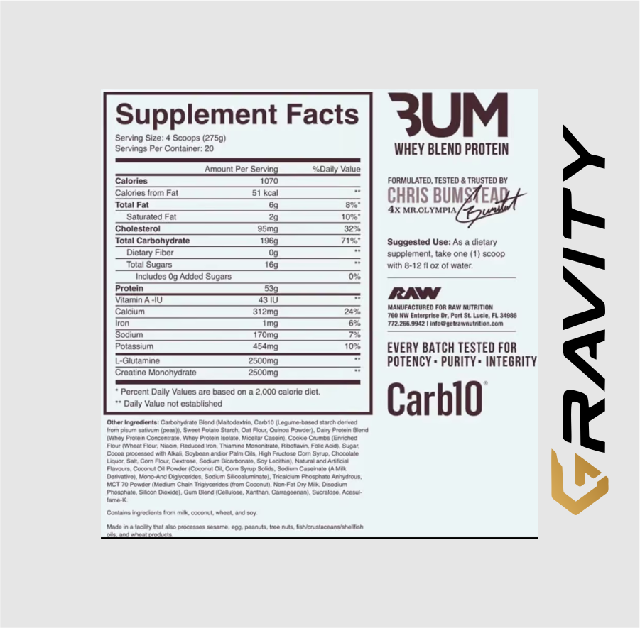 RAW Nutrition CBUM Mass Gainer nutrition information